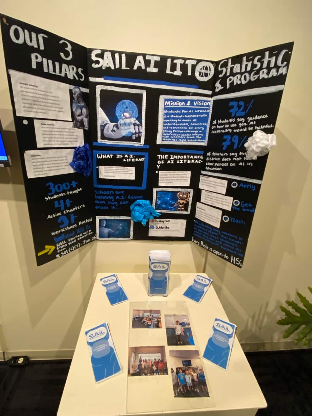 SAIL's display board at the VOA Museum, headed 'Our 3 Pillars' and 'SAIL AI Literacy', with mission, statistics, and program panels